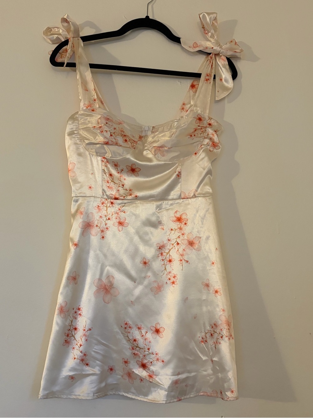 Lucy in the Sky Cream Dress (M) with Pink Floral Print & ties at the shoulders
